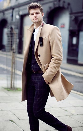 Trench coat over patterned suit