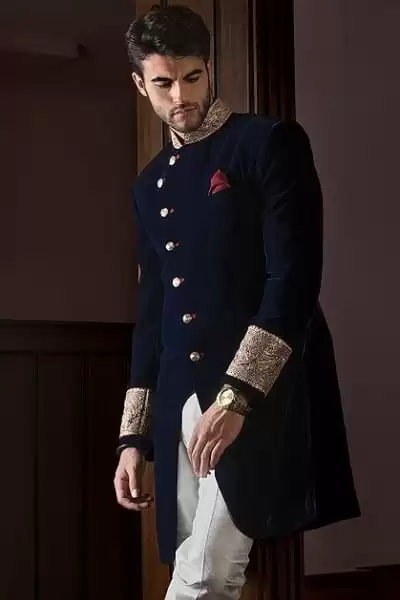 Classic Navy Blue Sherwani with Gold Embroidery