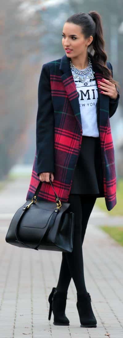 cute outfits with plaid coats 15