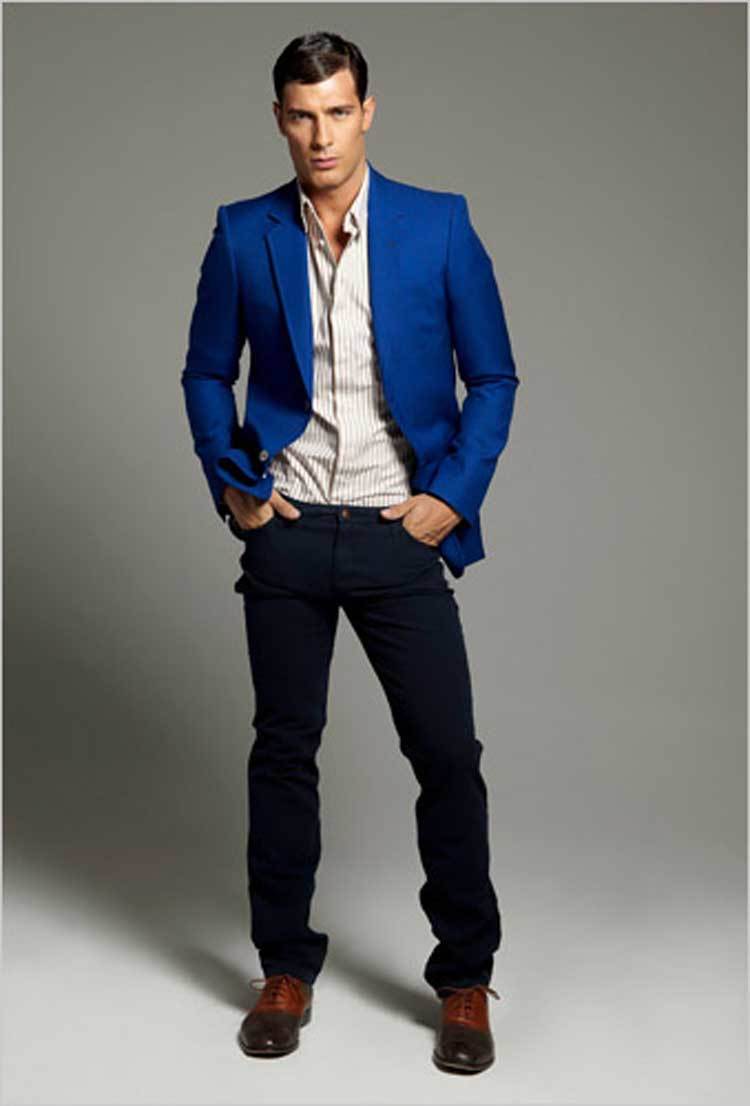 black sport coat with blue pants