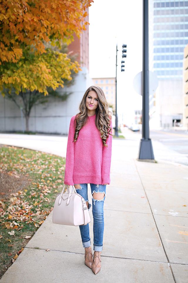 Pink sweater to wear with ripped jeans