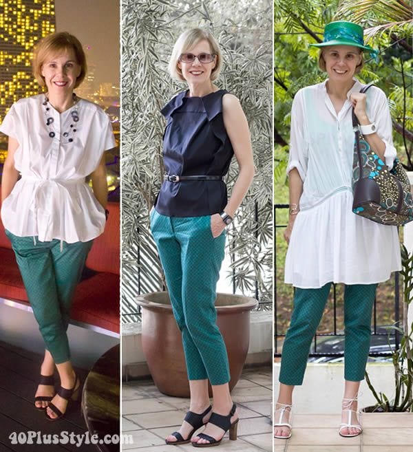 how to wear green printed capris