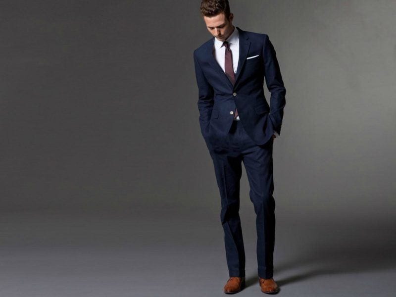 blue outfit with brown shoes