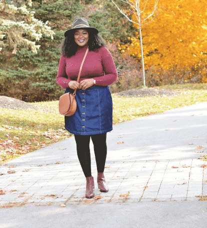 plus size denim skirt outfit