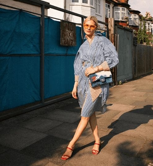 blue dress with red shoes