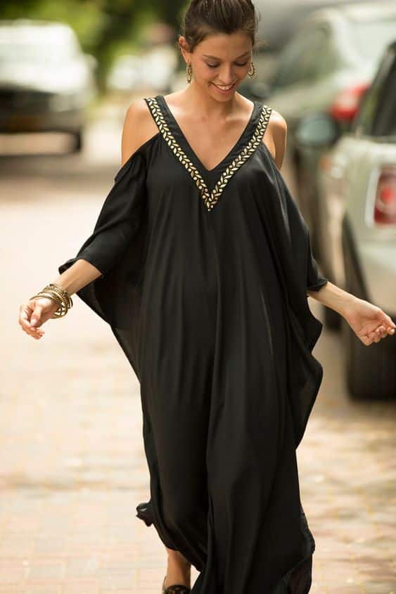 Cut out shoulder ethnic embroidery kaftan
