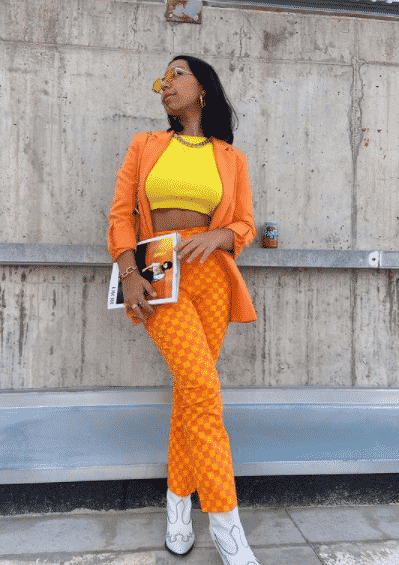 Orange checkered pants with yellow top