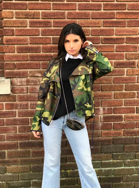 high waisted jeans with camo jacket