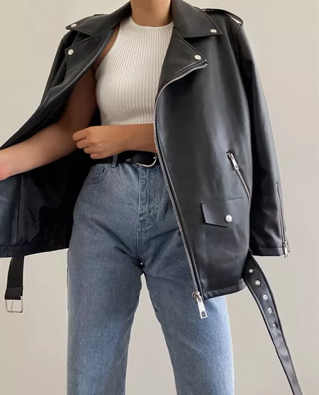 high rise jeans with leather jacket