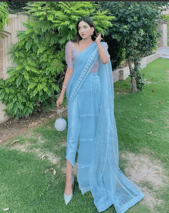 Pant style saree outfit for engagement