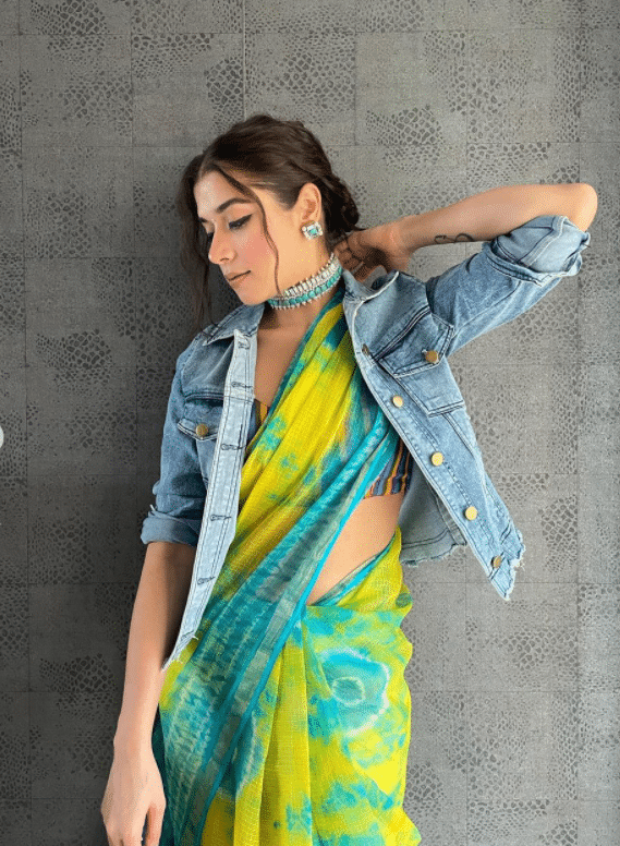 How to wear sarees in winter - saree layered with denim jacket