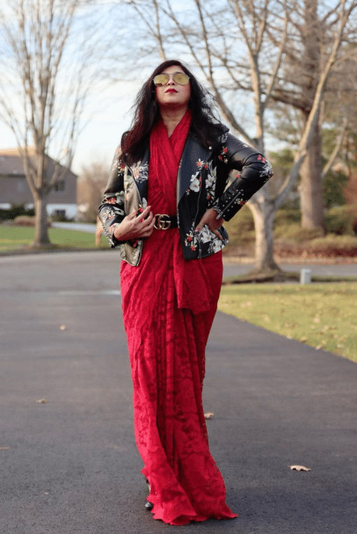 saree with leather jacket