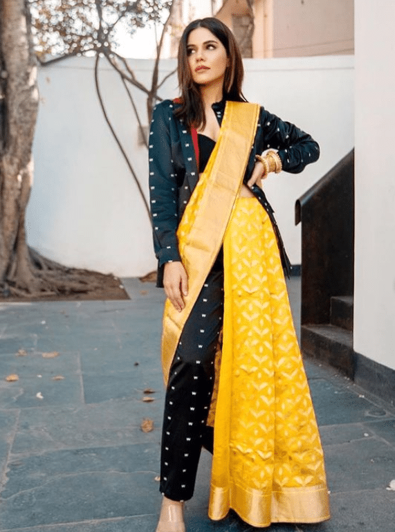 saree layered with jacket