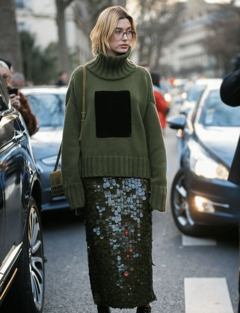 All green sequin skirt outfit