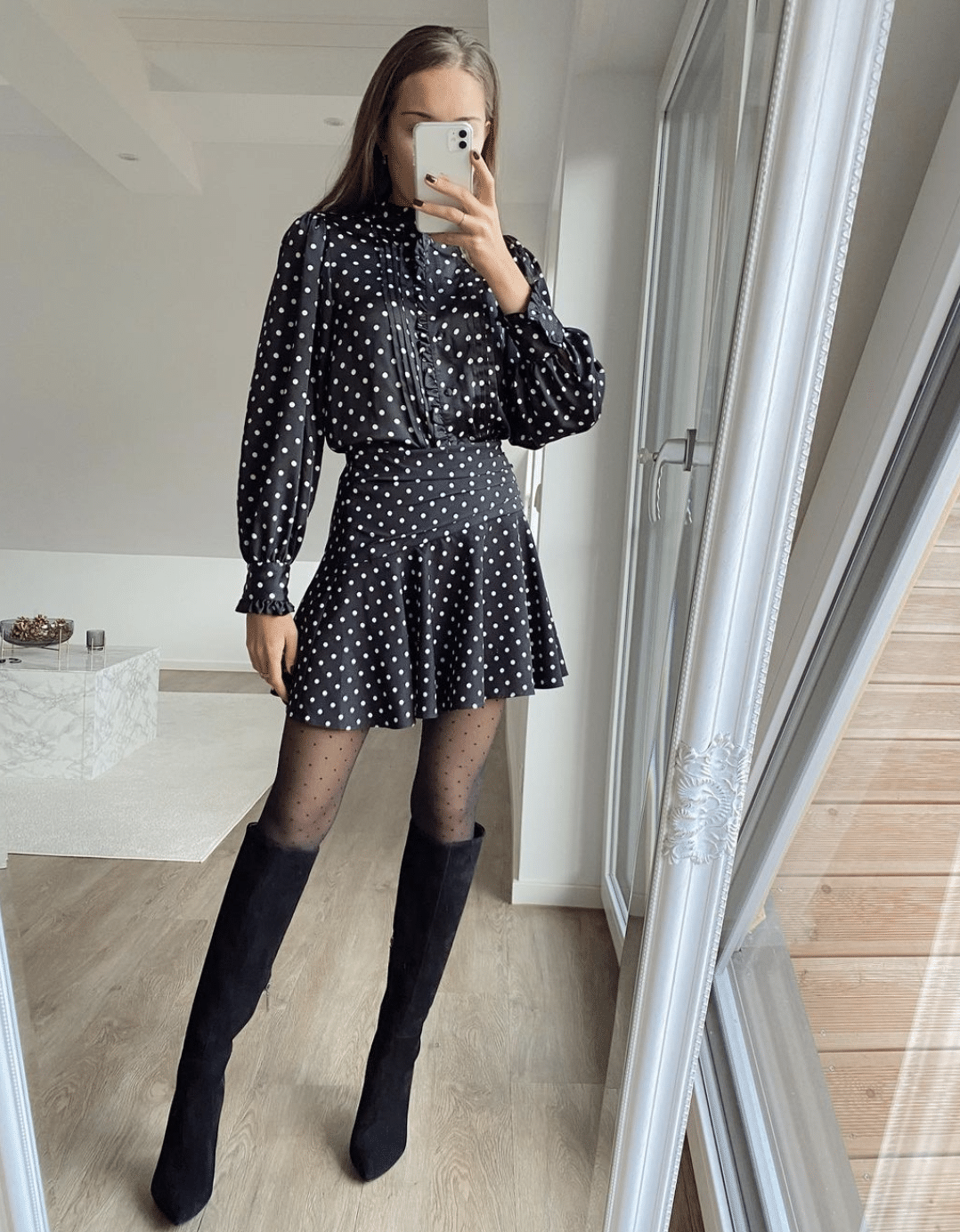 Polka dot dress black and white outfit