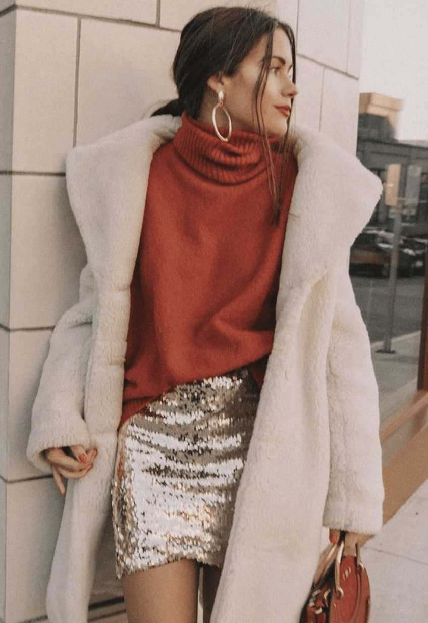 Red statement pieces sequin skirt outfit