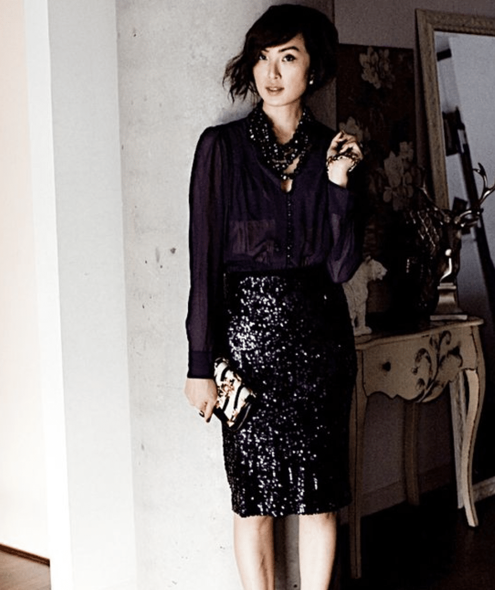 Seethrough black blouse and sequin skirt outfit