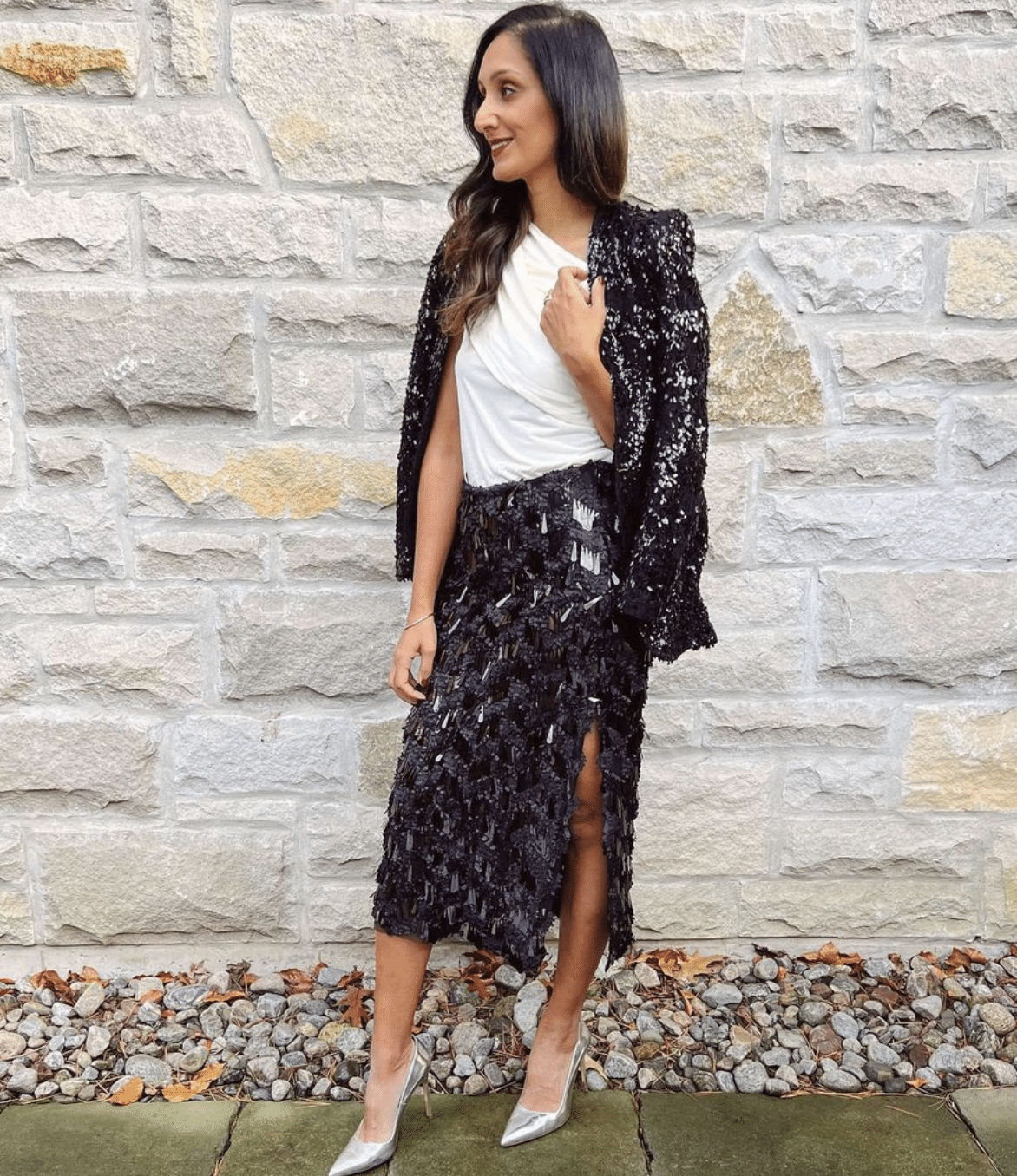 Sequin skirt and blazer outfit