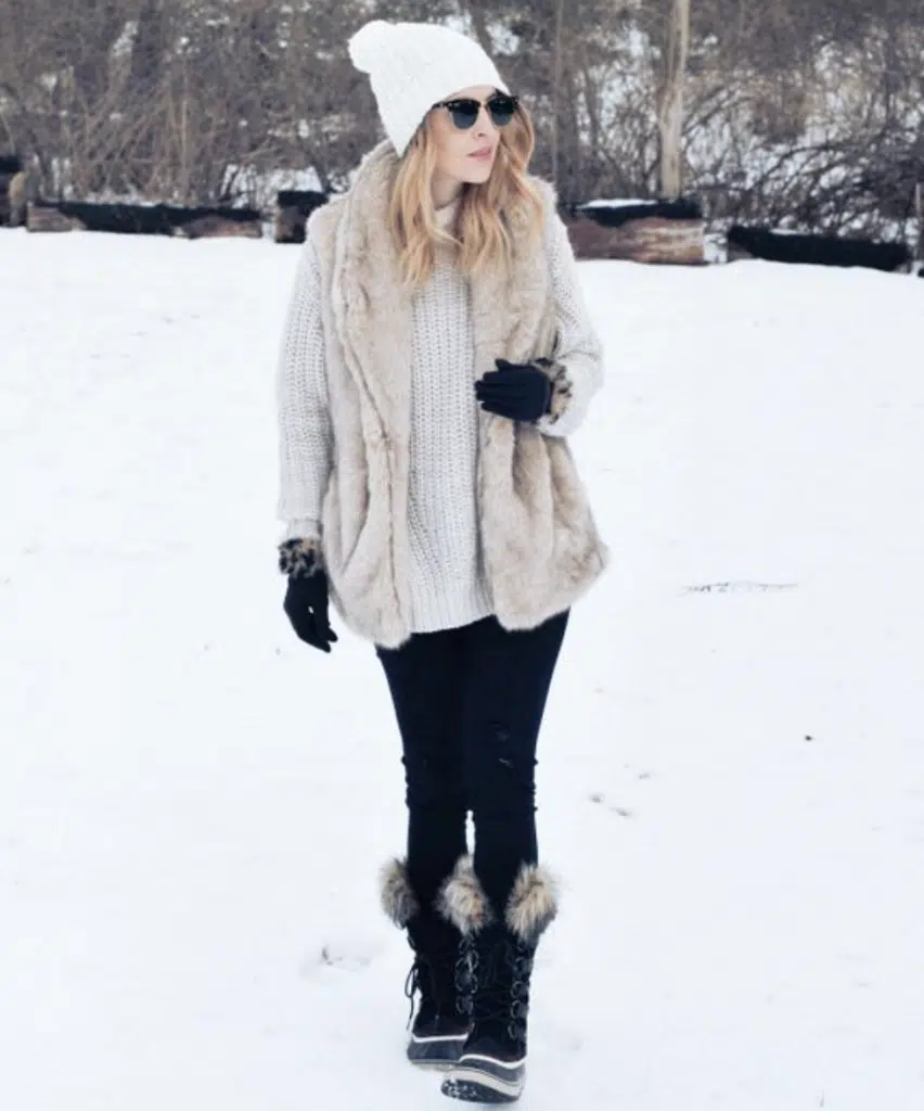 Faux Fur Vest Ski Resort Outfit What to Wear Skiing