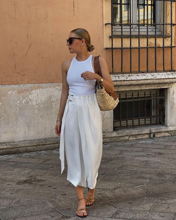 All white outfit, long tulip skirt