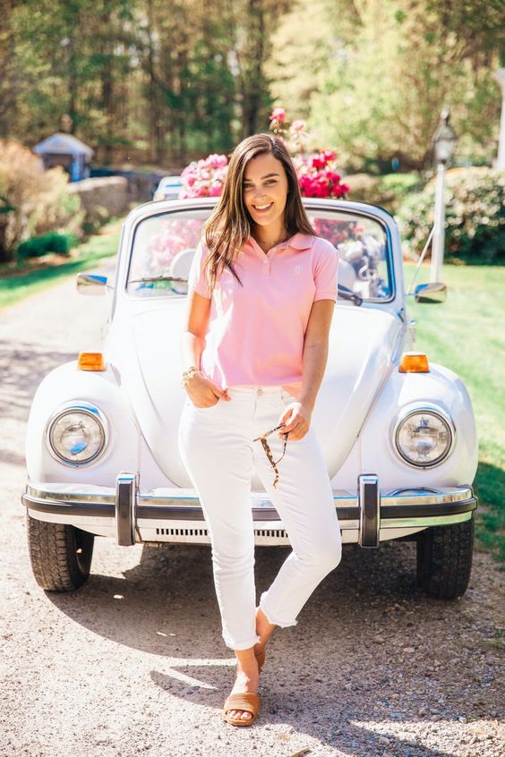 Playful bubblegum pink polo t-shirt outfit