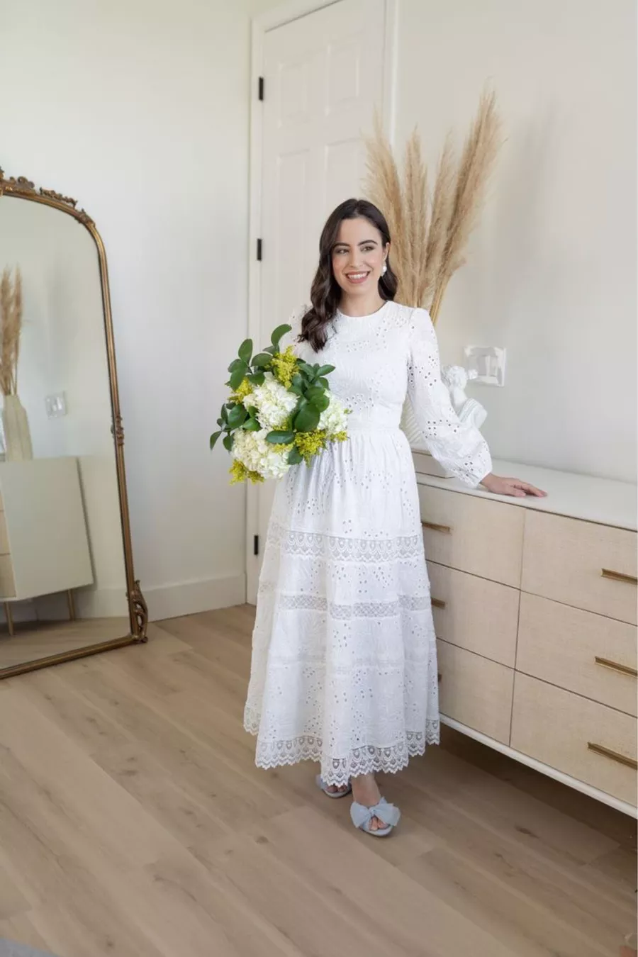 white eyelet maxi dress with sleeves