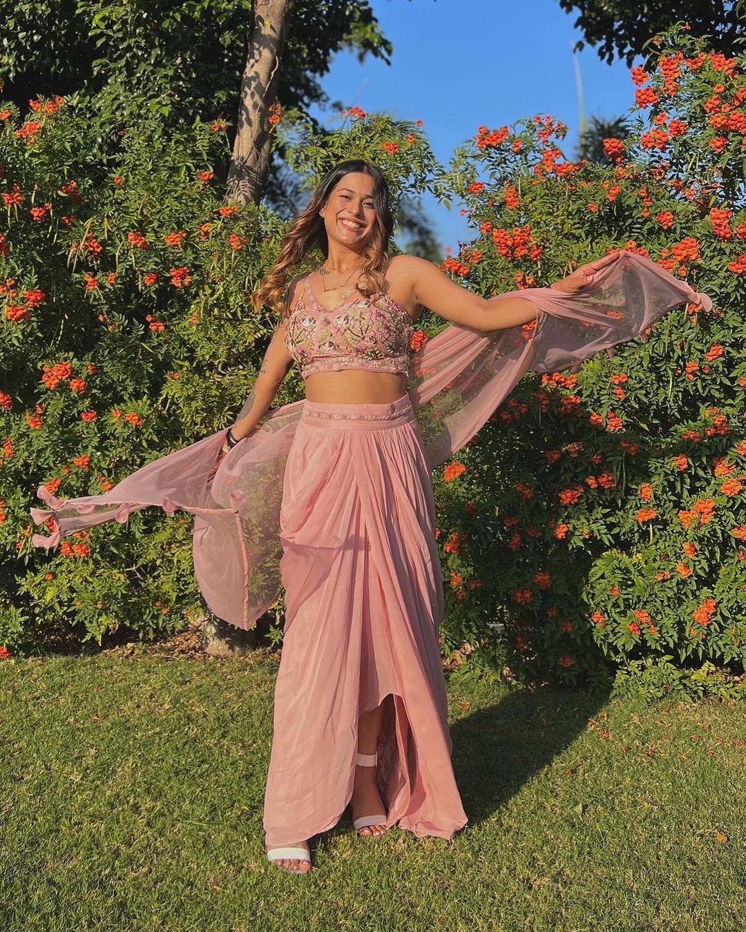Smoky Green Checks Dhoti Skirt Dress