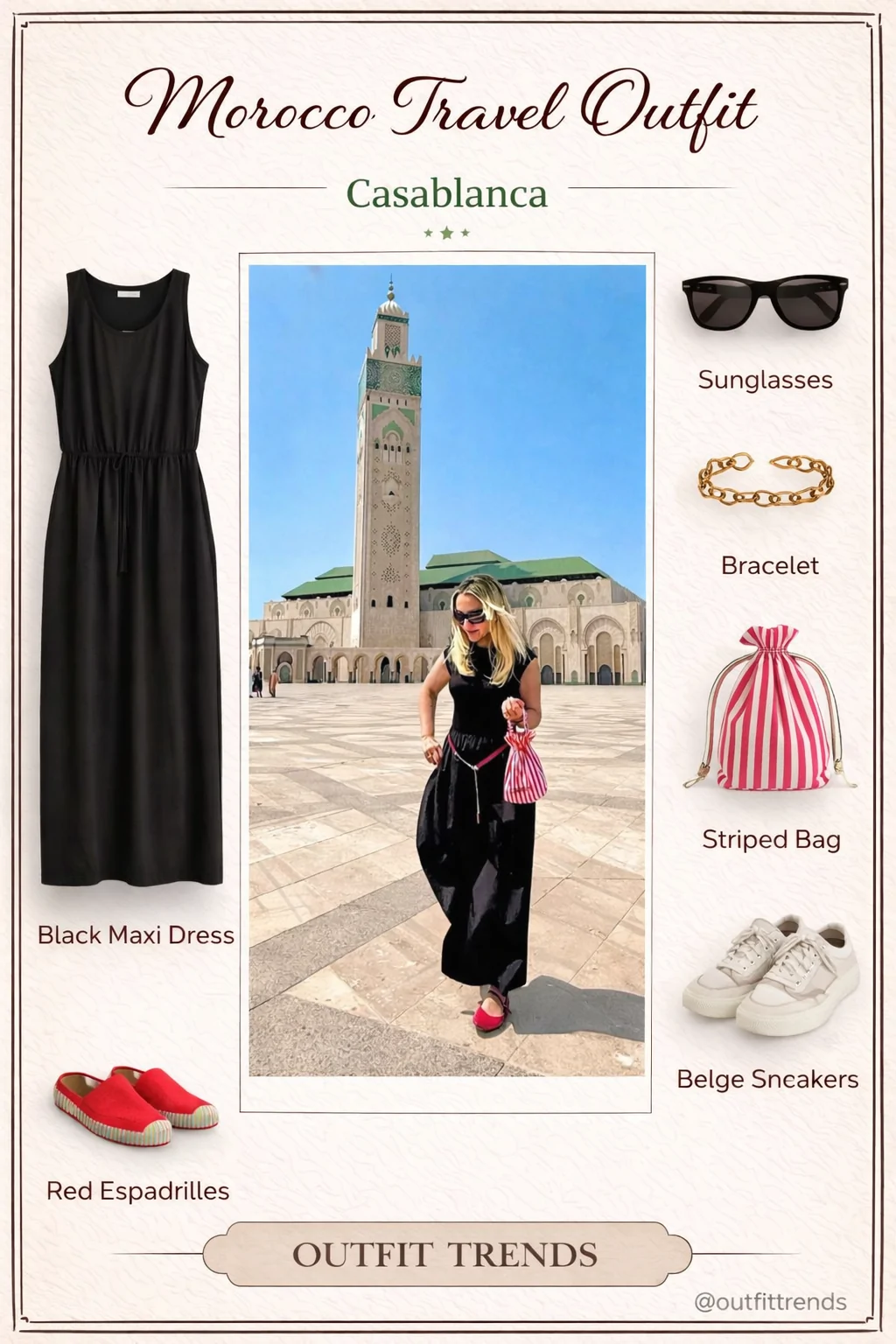 What to wear in Casablanca - black maxi dress at Hassan II Mosque