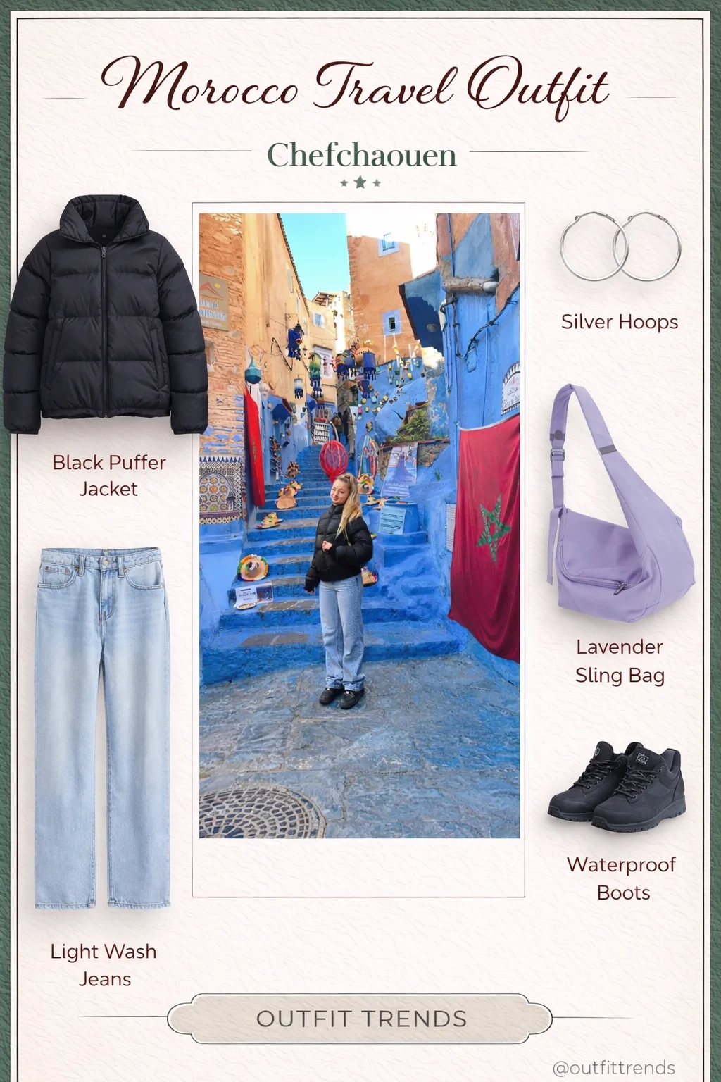 What to wear in Chefchaouen - puffer jacket and jeans on blue stairs