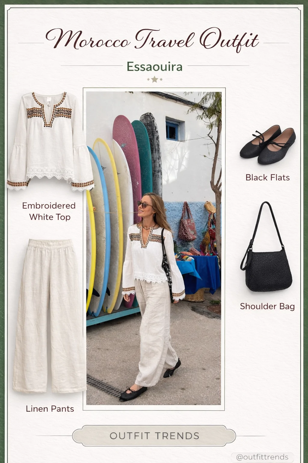 What to wear in Essaouira - embroidered top and linen pants