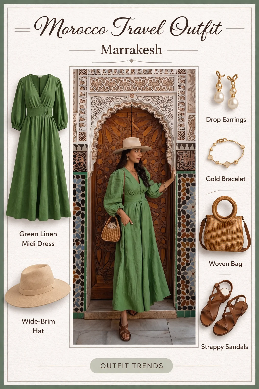 What to wear in Marrakesh - green linen maxi dress at Bahia Palace