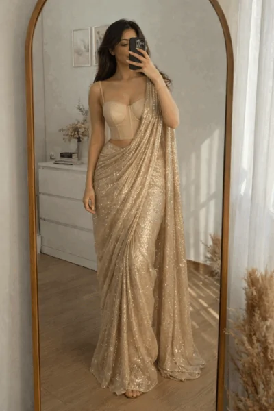 champagne-gold sequined saree