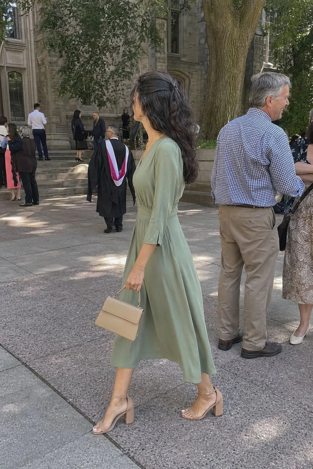 Sage Midi Dress with Nude Block Heels - Graduation Guest Outfit Idea