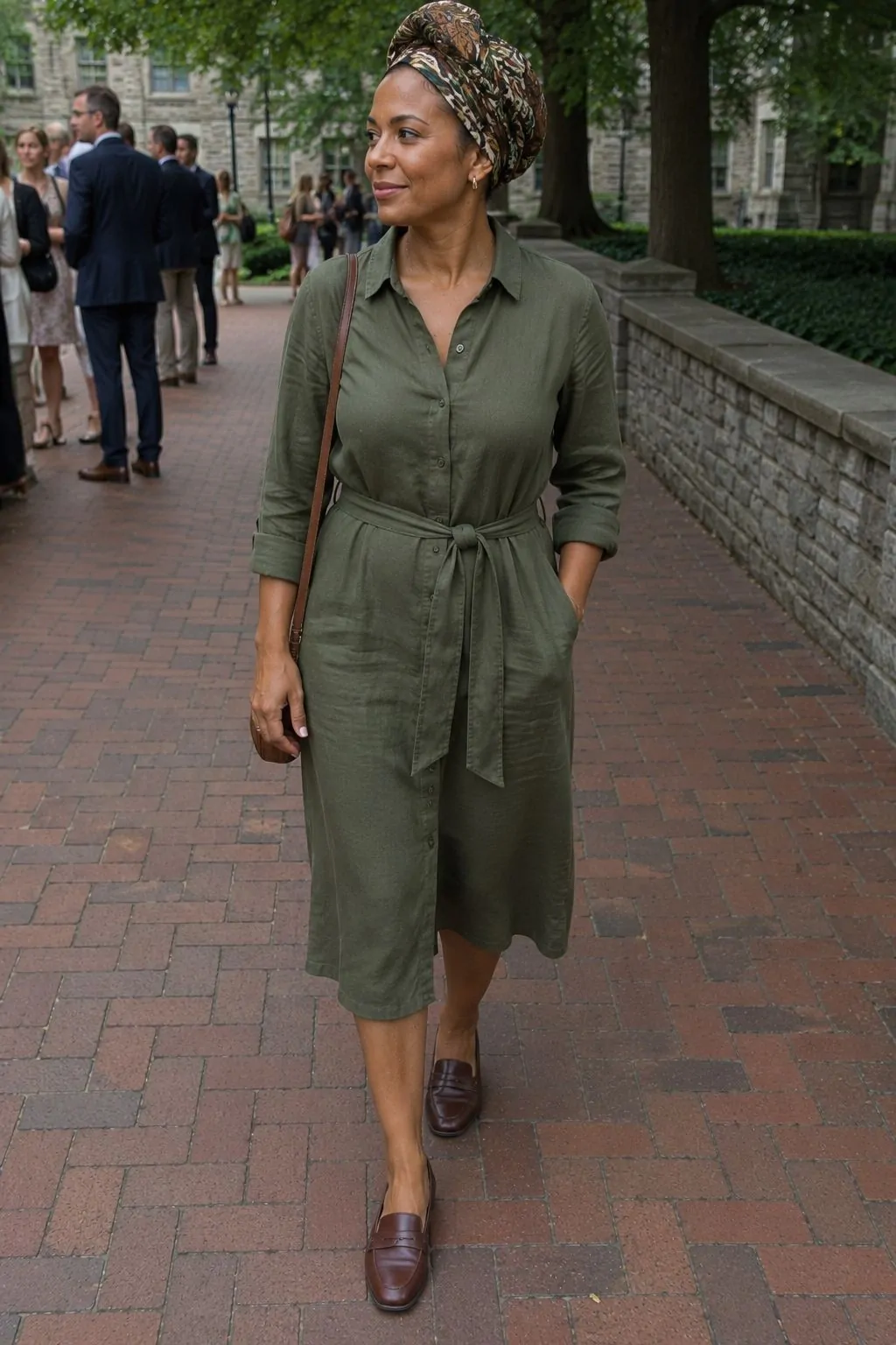 Olive Green Shirt Dress with Brown Loafers - Graduation Guest Outfit Idea