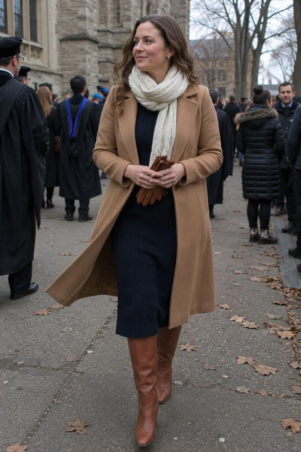 Camel Coat with Navy Knit Dress - Graduation Guest Outfit Idea