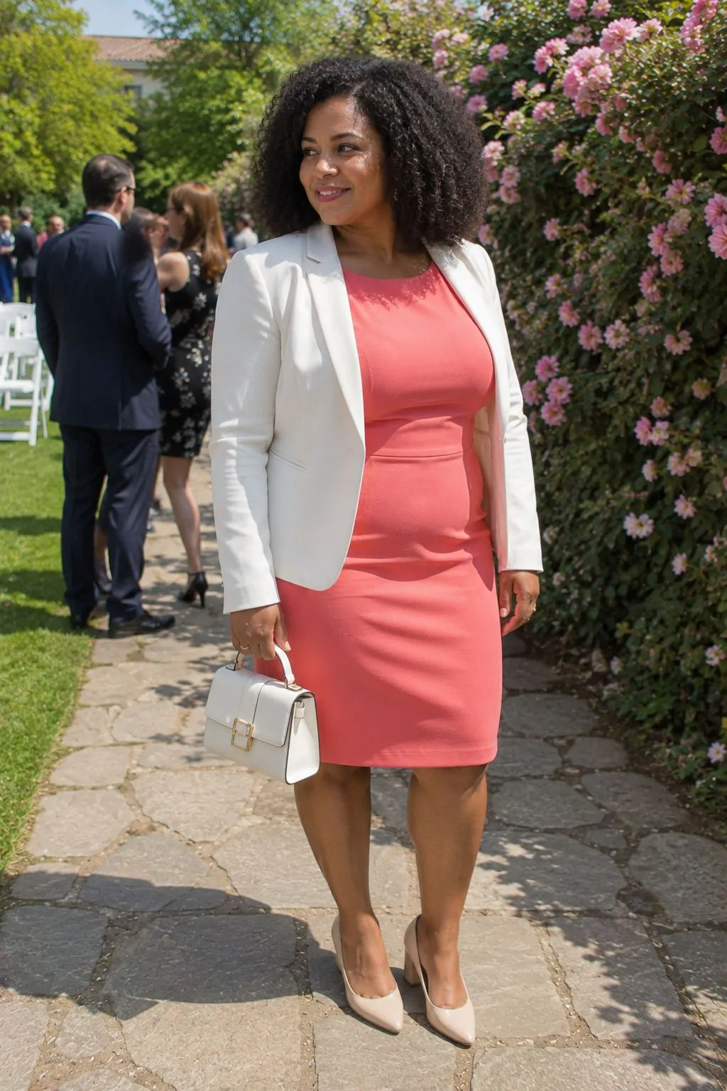 Coral Sheath with White Blazer - Graduation Guest Outfit Idea
