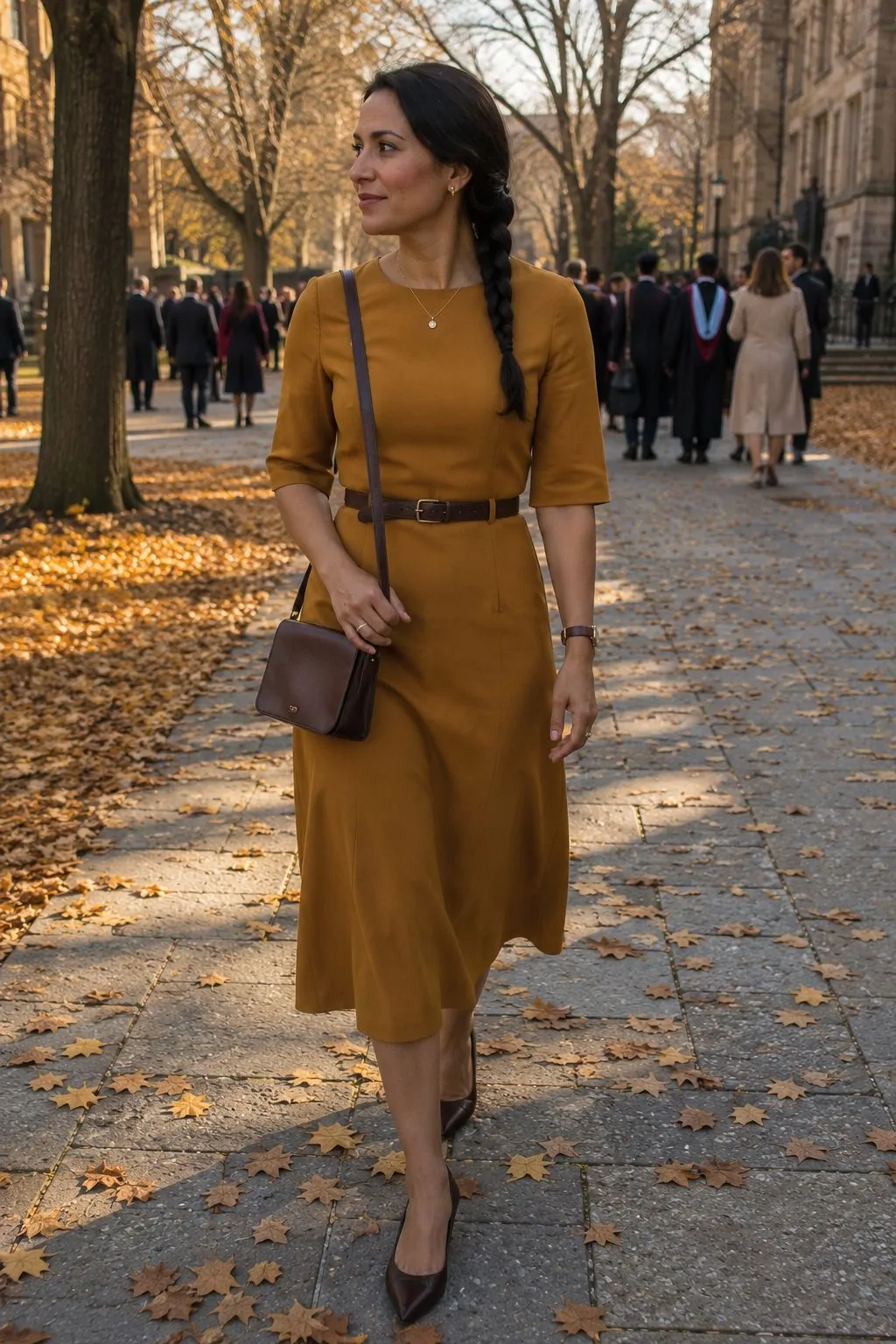 Muted Mustard Midi Dress with Brown Accessories - Graduation Guest Outfit Idea