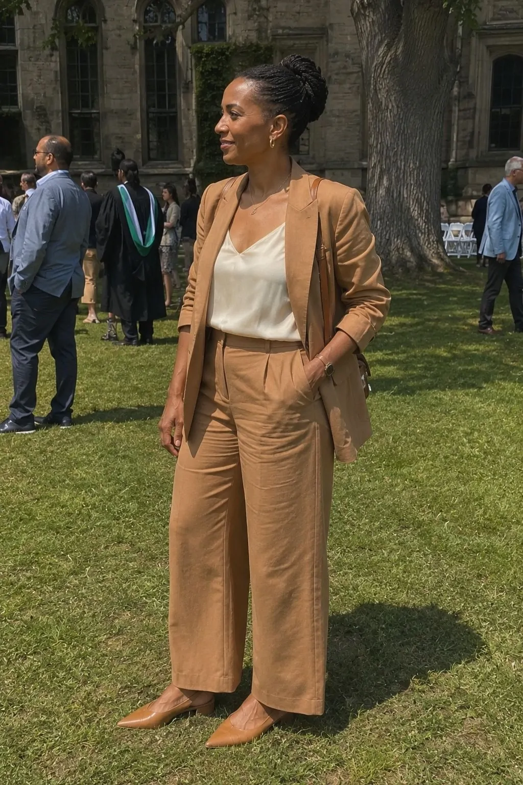 Caramel Linen Suit with Silk Blouse - Graduation Guest Outfit Idea
