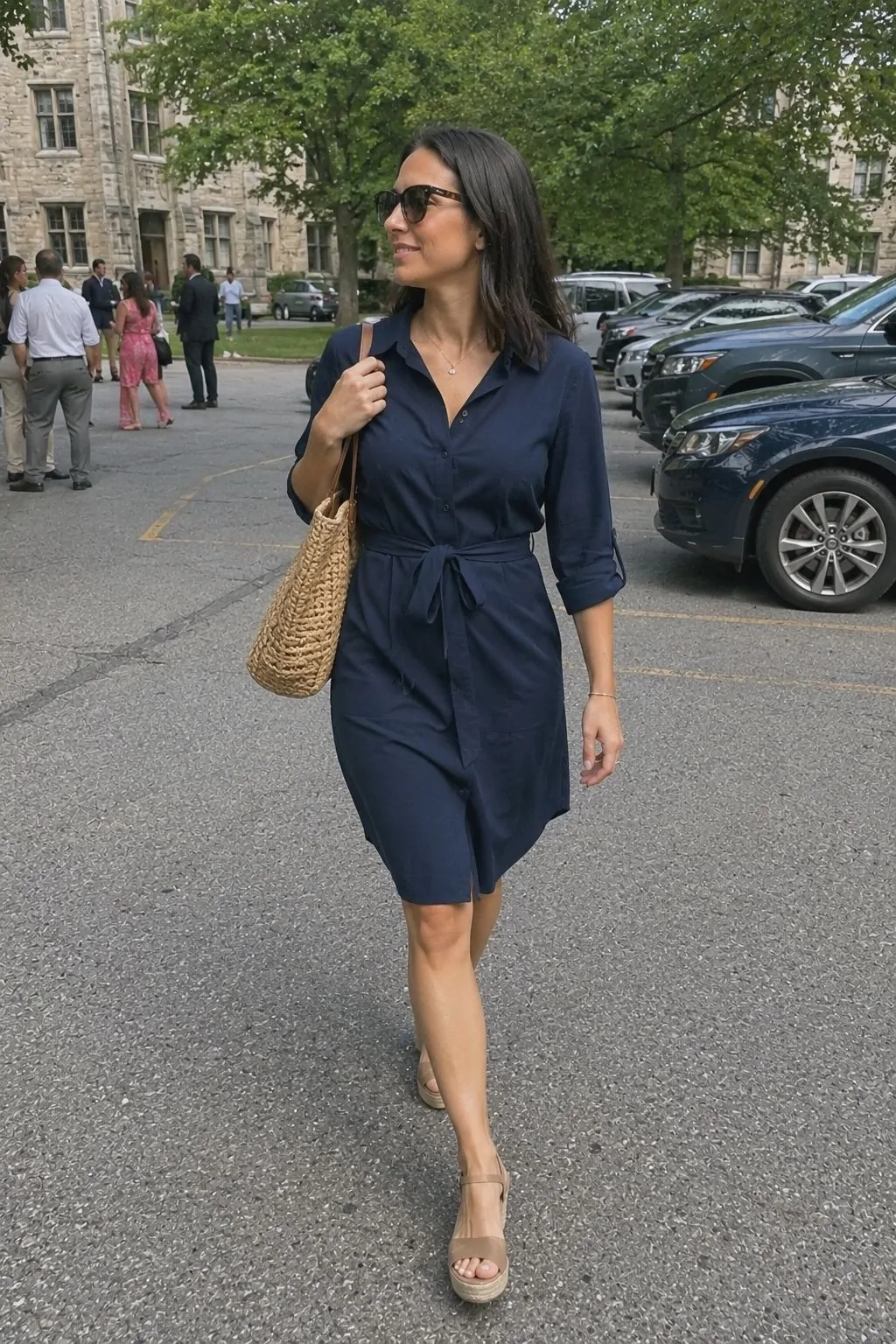 Navy Shirt Dress with Espadrille Wedges - Graduation Guest Outfit Idea