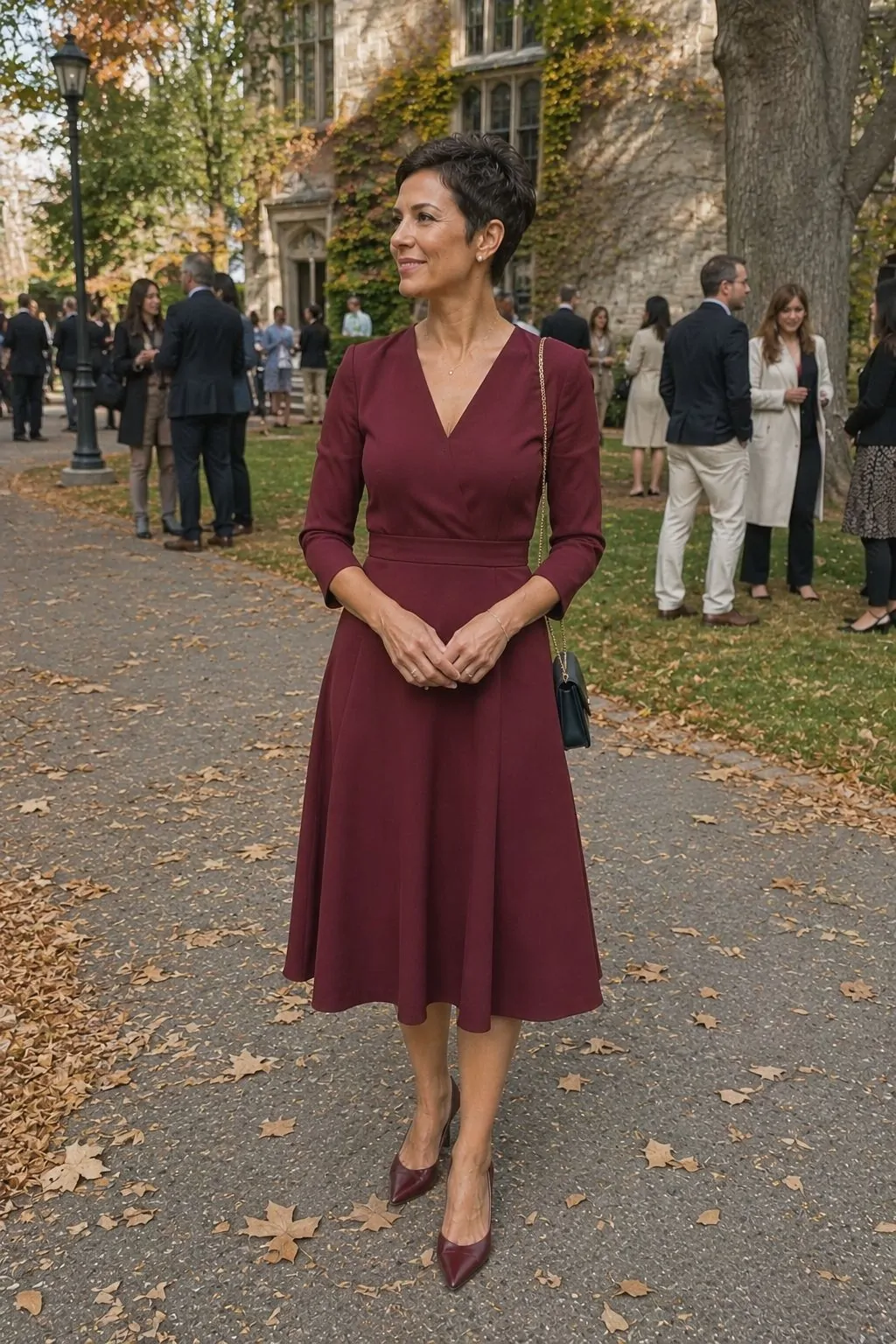 Burgundy A-Line Dress with Pearl Earrings - Graduation Guest Outfit Idea
