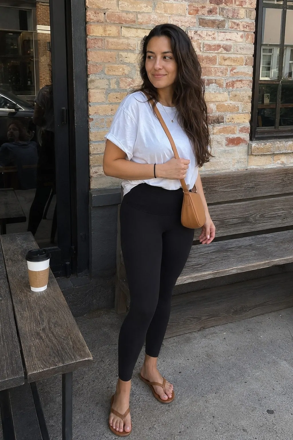 Black Leggings with Oversized White Tee - Leggings and Flip Flops Outfit