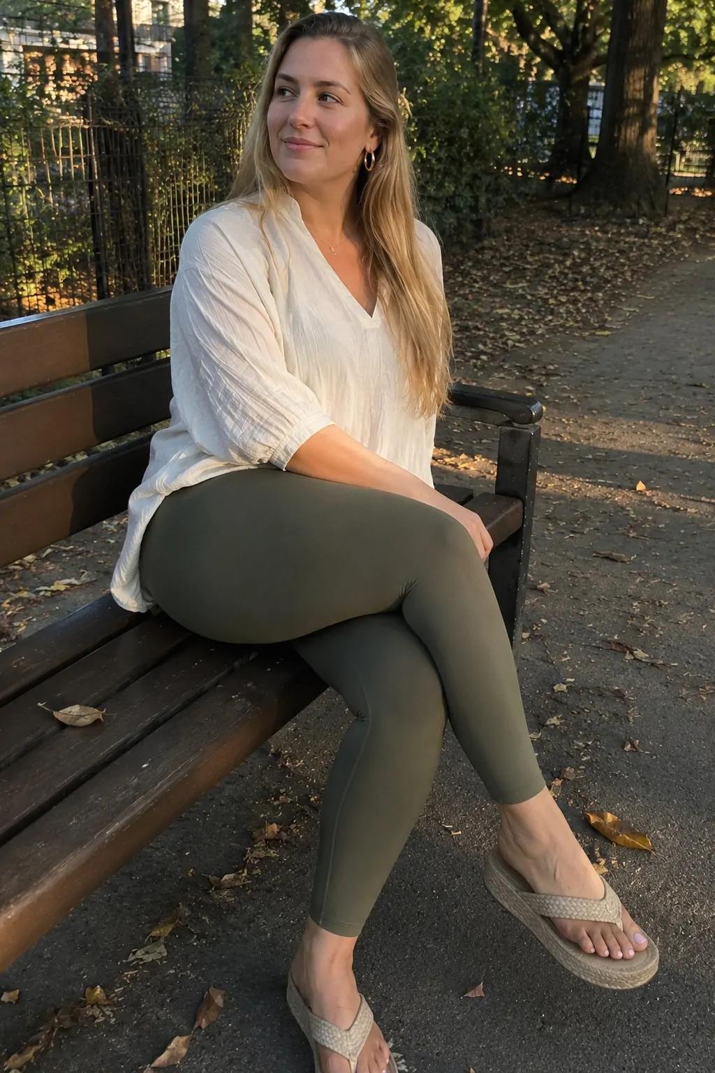 Olive Leggings with Cream Tunic Blouse - Leggings and Flip Flops Outfit