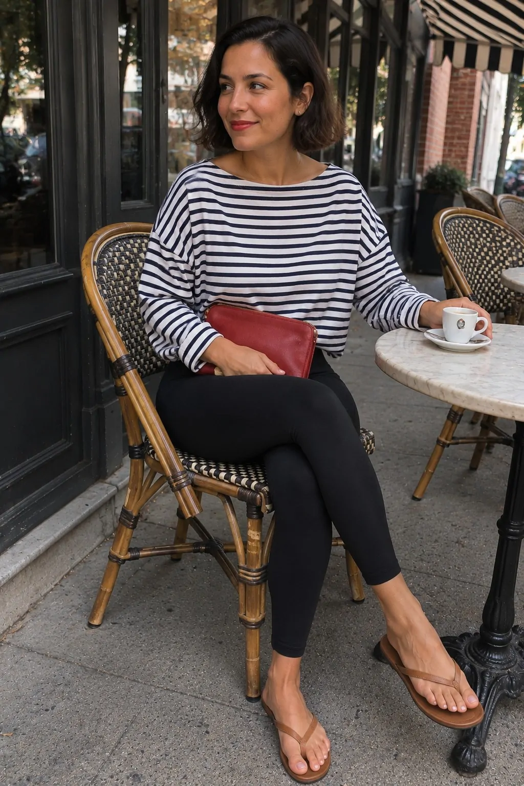 Black Leggings with Striped Boatneck Tee - Leggings and Flip Flops Outfit