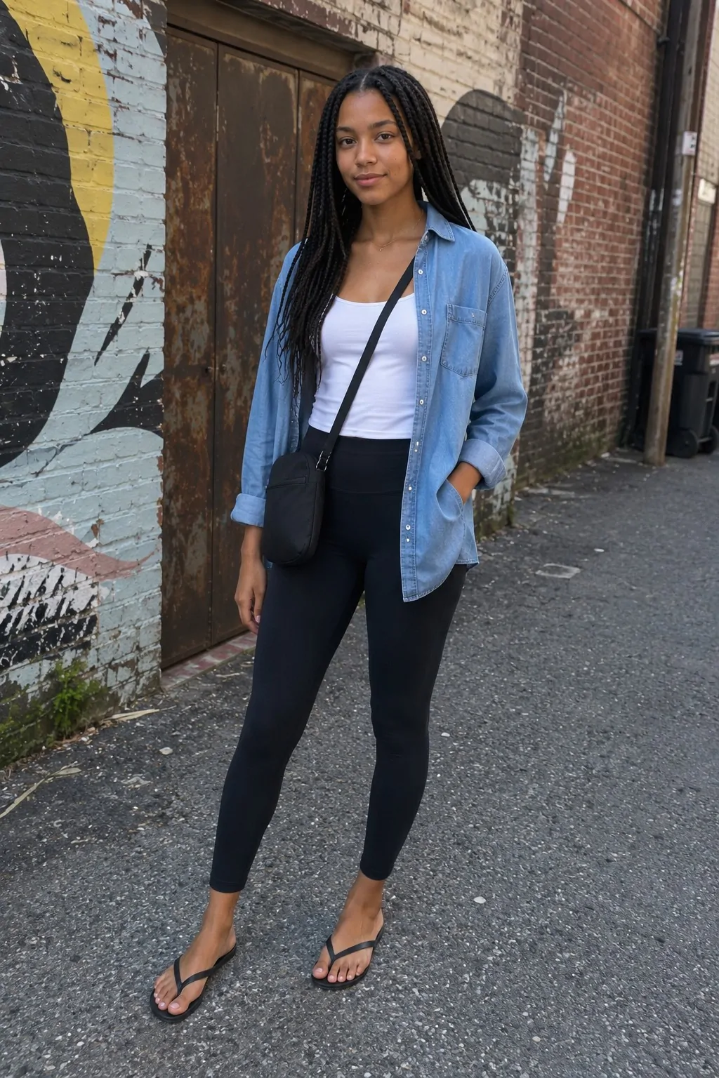 Black Leggings with Oversized Denim Shirt - Leggings and Flip Flops Outfit