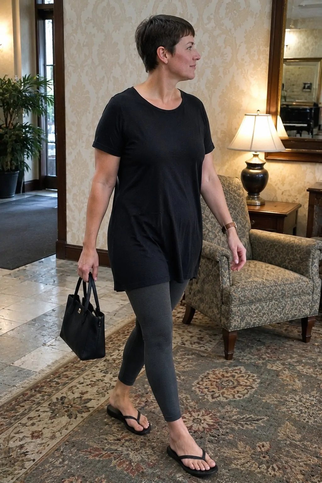 Charcoal Leggings with Long Black Tee - Leggings and Flip Flops Outfit
