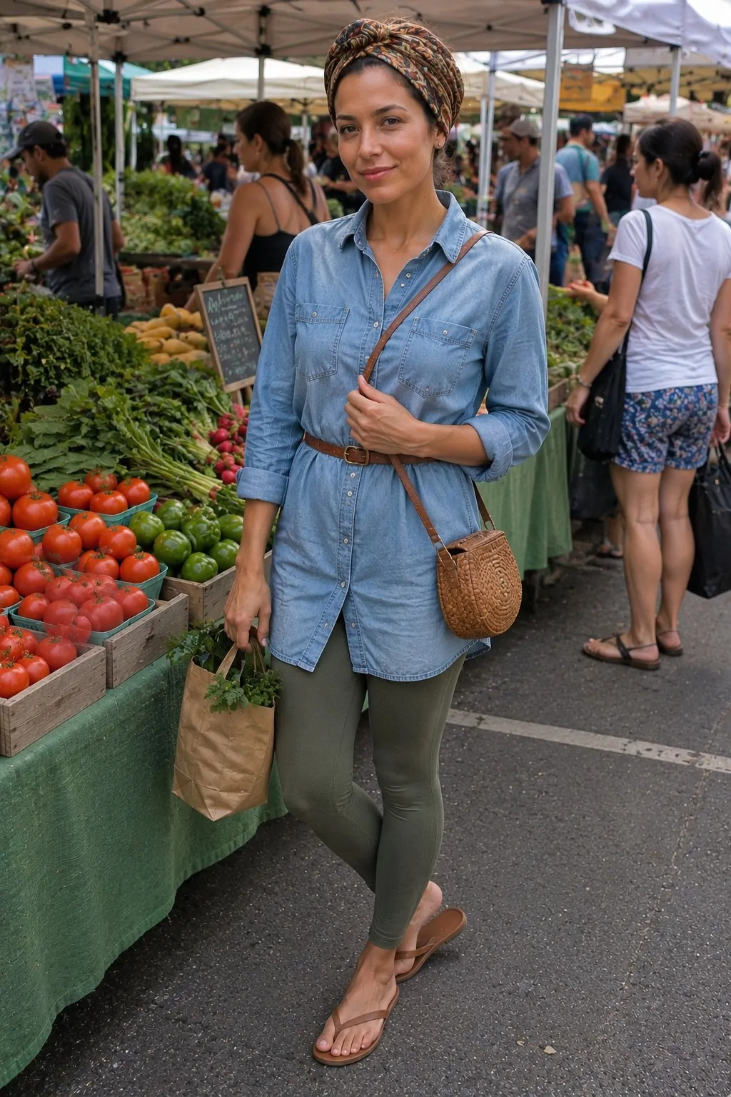 Olive Leggings with Chambray Tunic - Leggings and Flip Flops Outfit