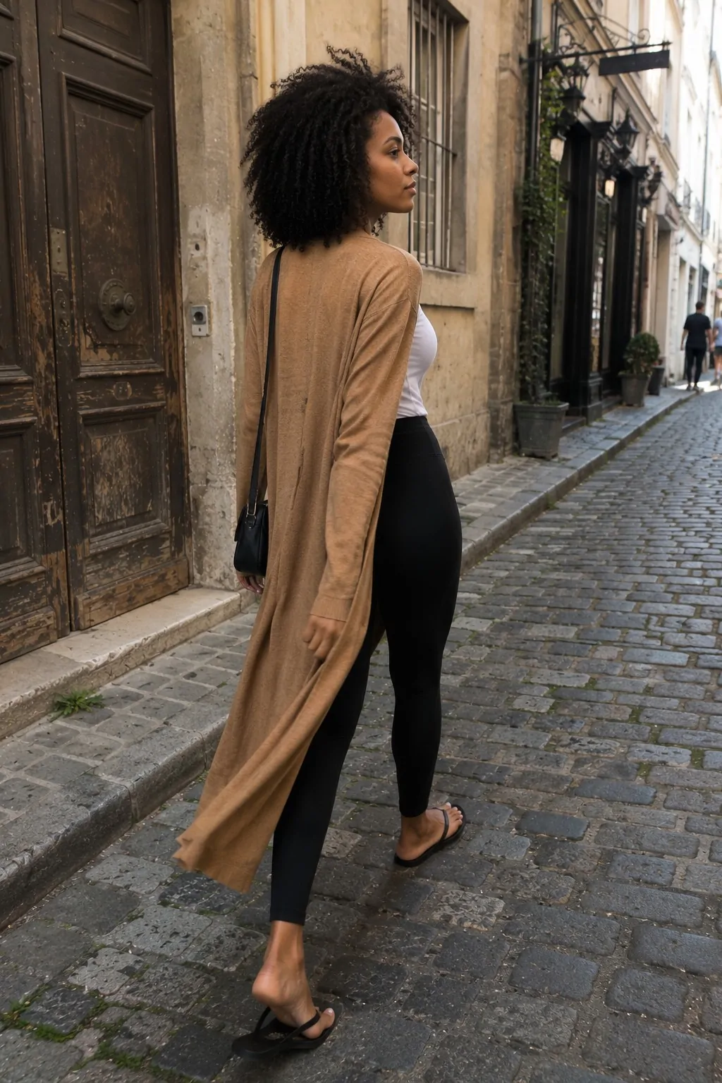 Black Leggings with Long Cardigan Coat - Leggings and Flip Flops Outfit