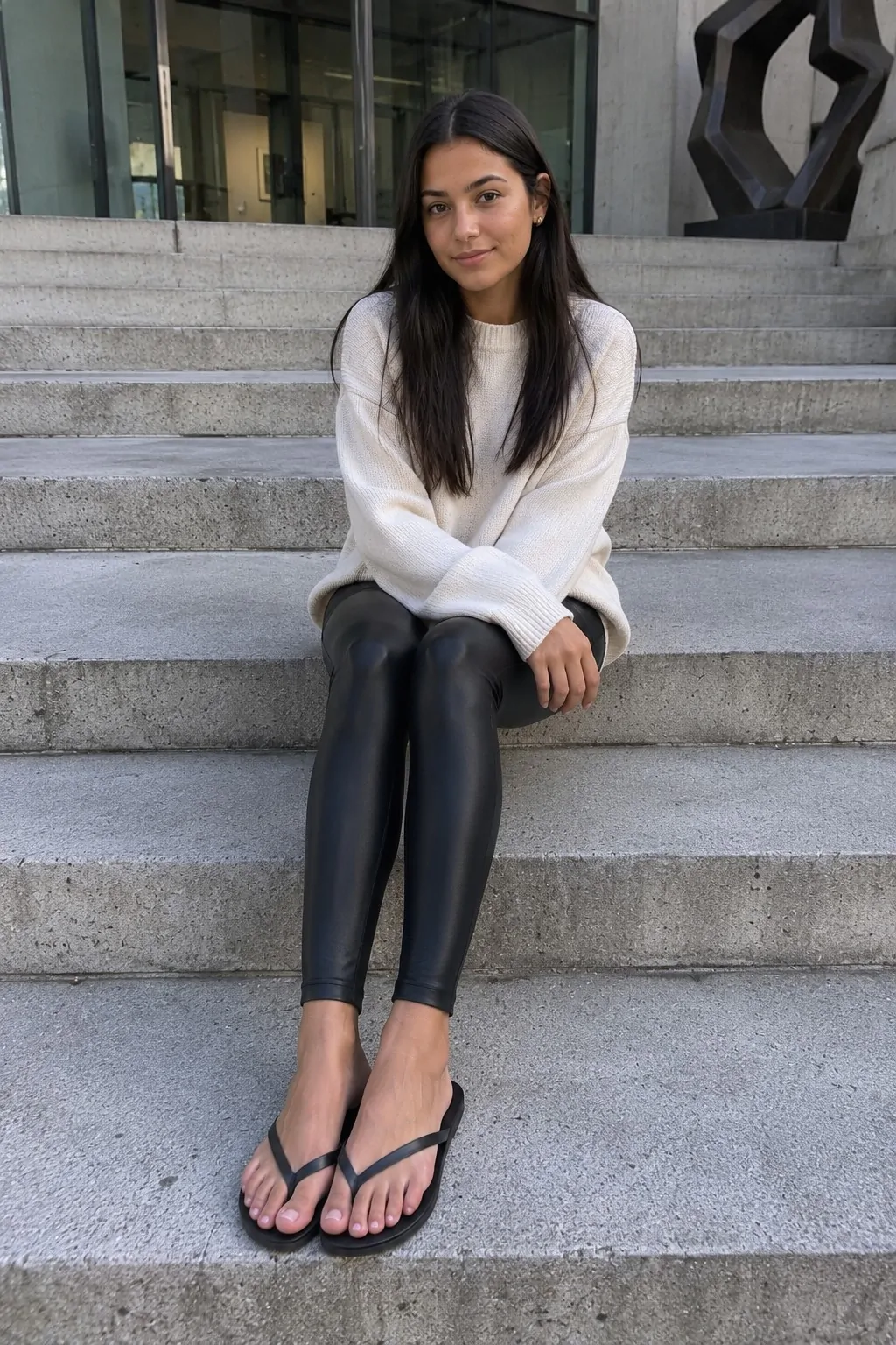Faux Leather Leggings with Soft Knit Sweater - Leggings and Flip Flops Outfit