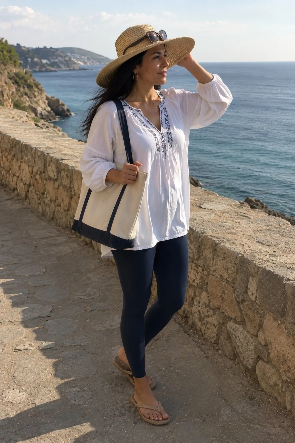 Navy Leggings with White Tunic and Straw Hat - Leggings and Flip Flops Outfit