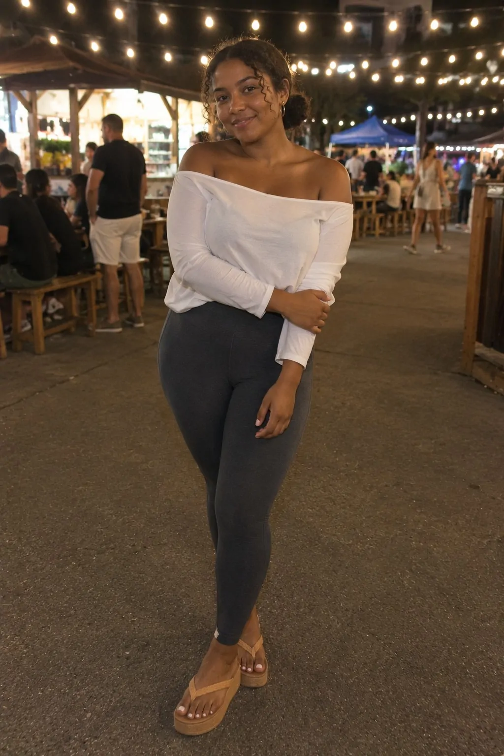 Charcoal Leggings with White Off-Shoulder Top - Leggings and Flip Flops Outfit